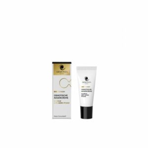 Tube mit osmotischer Augencreme in weiß, umgeben von einer schmalen Verpackung in Schwarz und Gold, für Anti-Aging Pflege.