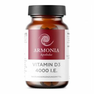 Braunes Glasgefäß mit schwarzem Deckel, etikettiert mit Vitamin D3 4000 I.E. von Armonia Apotheke.