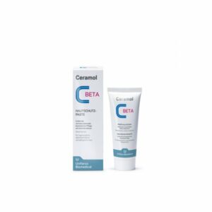 Hautschutzpaste von Ceramol in einer Tube, kombiniert mit einer Verpackung, beide mit Beschreibung und Anwendungsinformationen.