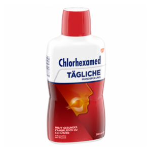 Flasche Chlorhexamed tägliche Mundspülung, 500 ml, mit rotem Deckel und Hinweis auf алкогольfrei und Fluorid.