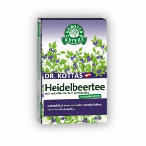 Verpackung für Dr. Kottas Heidelbeerttee mit entcoffeiniertem Schwarztee und pflanzlichen Motiven.