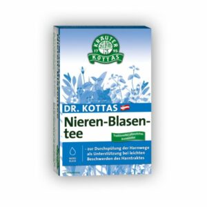 Verpackung von Dr. Kottas Nieren-Blasen-Tee, farbig mit pflanzlichen Illustrationen und Beschreibung der Anwendung.