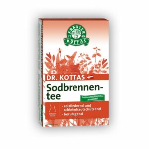 Verpackung von Dr. Kottas Sodbrennen-Tee mit pflanzlichen Inhaltsstoffen und beruhigenden Eigenschaften.