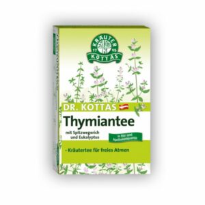 Verpackung von Dr. Kottas Thymiantee mit Kräutermotiven, inklusive Spitzwegerich und Eukalyptus.