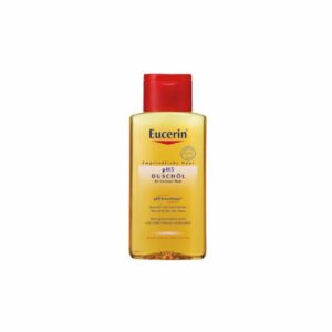 Flasche Eucerin pH5 Duschöl mit rotem Deckel, geeignet für trockene Haut, enthält pH5 Enzymschutz.
