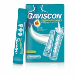 Packung Gaviscon Liquid Sachets mit mintfarbener Flüssigkeit, 10 ml Beutel, enthält Wirkstoffe gegen Sodbrennen.