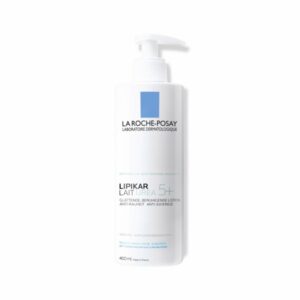 Flasche von La Roche-Posay Lipikar Lait Urea 5+, beruhigende Lotion für trockene Haut mit Pumpverschluss.