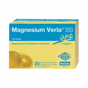 Packung mit Magnesium Verla 300, Orange, enthält Granulat zum Auflösen und Trinken, abgebildete Orange.