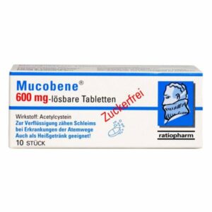Packung Mucobene 600 mg lösbare Tabletten, Wirkstoff Acetylcystein, Zuckerfrei, für Atemwegserkrankungen geeignet.