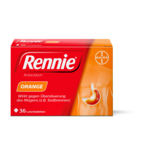 Verpackung von Rennie Orange, einem Antazidum gegen Magenübersäuerung, mit 36 Lutschtabletten.