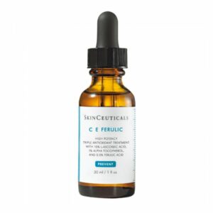 Braune Glasflasche mit schwarzem Tropfer, enthält ein antioxidatives Hautpflegeprodukt von SkinCeuticals.