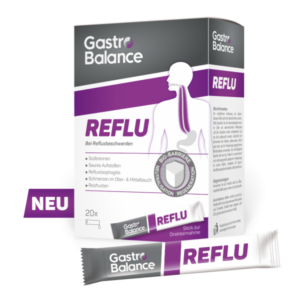 Verpackung von GastroBalance REFLU, einem Produkt zur Linderung von Refluxbeschwerden, mit Anwendungshinweisen.