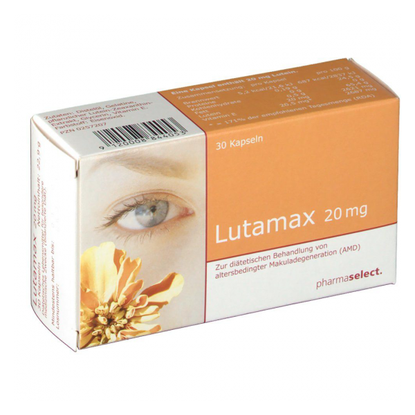 Verpackung von Lutamax 20 mg, 30 Kapseln, zur diätetischen Behandlung von altersbedingter Makuladegeneration