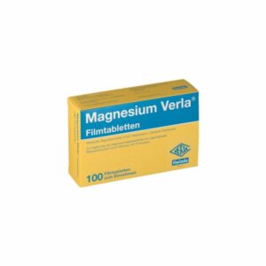 Packung mit Magnesium Verla Filmtabletten, gelb mit blauer Schrift, enthält 100 Tabletten zum Einnehmen.