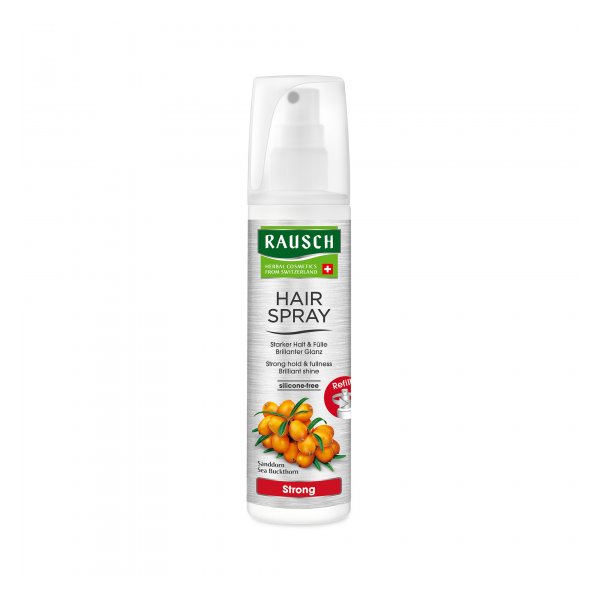 Haarlack in flacher, silberner Sprühflasche mit grünem Etikett, betont starken Halt und Glanz, silikonfrei.