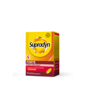 Packung Supradyn Forte mit Vitaminen, Mineralstoffen und Coenzym Q10, gelbes Design, 30 Filmtabletten.
