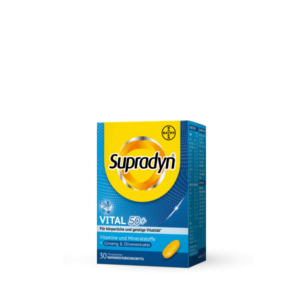 Verpackung von Supradyn Vital 50+, enthalten Vitamine, Mineralstoffe und Ginseng. Gelbe Filmtablette sichtbar auf der Box.