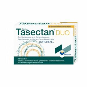 Packung Tasectan DUO zur Behandlung von Magen-Darm-Beschwerden, enthält 12 Tabletten mit Milchsäurebakterien.