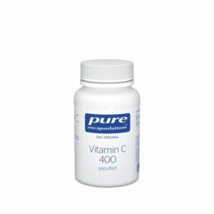 Flasche mit Vitamin C 400 von Pure Encapsulations, gepuffert, breites weißes Etikett und Schraubverschluss.