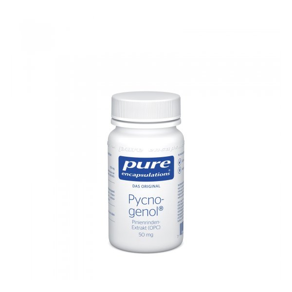 Weißes Fläschchen mit Schraubverschluss, das Pycnogenol, einen Pinienrinden-Extrakt, enthält.