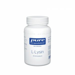 Weißer Behälter mit Schraubverschluss, beschriftet mit "pure L-Lysin" und "Aminosäure", 500 mg.