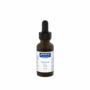 Braune Glasflasche mit schwarzem Tropfenverschluss, enthält flüssiges Vitamin D3, etikettiert mit Inhaltsstoffen.