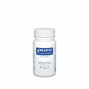 Weißer Kunststoffbehälter mit Schraubverschluss, beschriftet mit Vitamin K&D und Logos der Marke pure encapsulations.