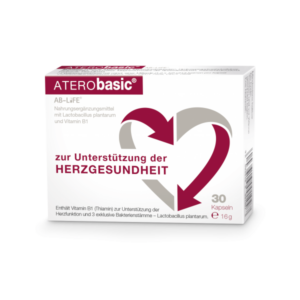 Verpackung von ATERObasic, einem Nahrungsergänzungsmittel zur Unterstützung der Herzgesundheit mit Vitaminen und Bakterienstämmen.
