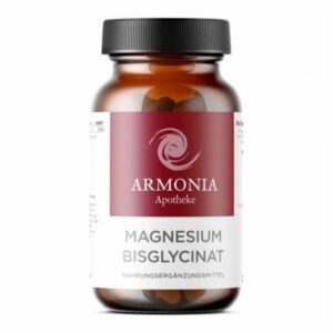 Brauner Glasbehälter mit schwarzem Deckel, gefüllt mit Magnesium-Bisglycinat-Kapseln. Etikett in Weiß und Rot, Markierung "ARMONIA Apotheke".