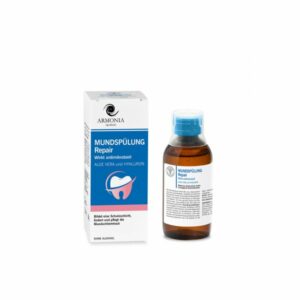 Verpackung und Flasche einer antimikrobiellen Mundspülung mit Aloe Vera und Hyaluron, alkoholfrei.