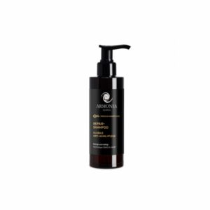 Eine schwarze Flasche mit Pumpe, die Repair-Shampoo von Armonia Apotheke enthält, für anti-aging Haarpflege.