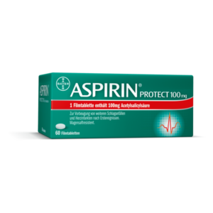 Packung von ASPIRIN Protect 100 mg mit 60 Filmtabletten zur Herzvorsorge, farbige Gestaltung mit einem Herzsymbol.