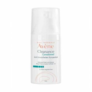 Weißer Pumpenbehälter mit Avène-Logo, Inhalt: Anti-Unreinheiten-Konzentrat für zu Akne neigende Haut.