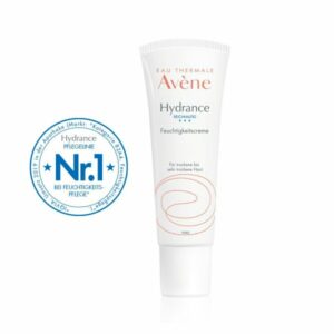 Tube mit Avène Hydrance Feuchtigkeitscreme für trockene Haut; enthaltenes Siegel für Nr. 1 bei Feuchtigkeitspflege.