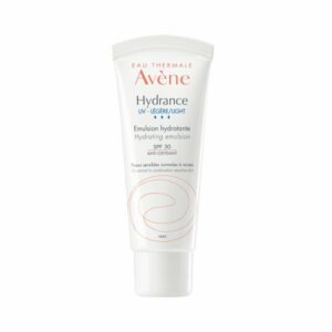 Hydratisierende Emulsion in einem weißen, schlanken Tube mit SPF 30 für empfindliche Haut.