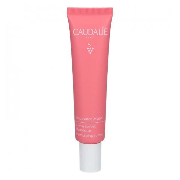 Rosa Tube mit Feuchtigkeitscreme von Caudalie, Beschriftung: Vinosource-Hydra, Crème Sorbet Hydratante.