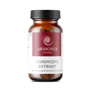 Braune Glasflasche mit schwarzem Deckel, enthält Cordyceps Extrakt von Armonia Apotheke.