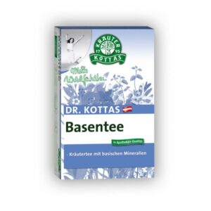 Verpackung von Dr. Kottas Basentee, unterstützt durch Kräuter mit basischen Mineralien, in frischen Farben gestaltet.