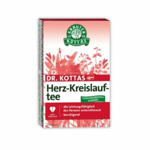 Packung des Dr. Kottas Herz-Kreislauf-Tees, rote Blumenillustrationen und beschreibende Texte auf weißem Hintergrund.