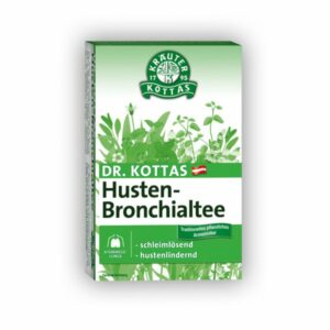 Paket mit Dr. Kottas Husten-Bronchialtee, grüne Verpackung mit Kräutermotiven und Wirkungsangaben.