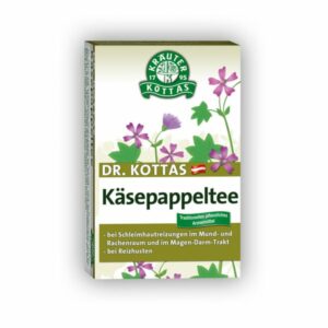 Paket mit Käsepappeltee von Dr. Kottas, umgeben von botanischen Illustrationen und Anwendungsgebieten.
