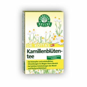 Verpackung von Dr. Kottas Kamillenblütentee mit gelbem Hintergrund und Kamillenblütenillustrationen, Hinweis auf traditionelle Anwendung.