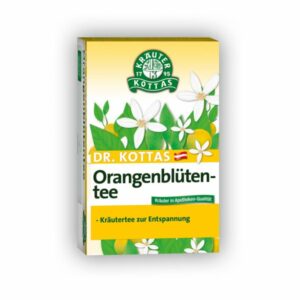 Packung mit Dr. Kottas Orangenblütentee, Pflanzenmotive und entspannende Kräutereigenschaften.