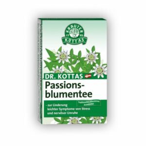 Verpackung des Passionsblumentees von Dr. Kottas mit grüner Schrift, Flowers und Informationen zur Anwendung.