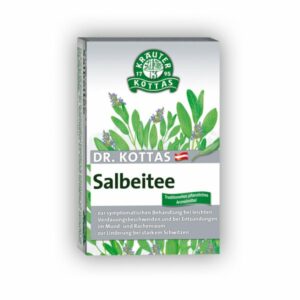 Verpackung von Dr. Kottas Salbeitee, mit grünen Blättermotiven und Hinweisen zur Anwendung bei Beschwerden.