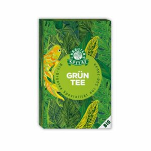 Verpackung von Bio-Grüntee, gestaltet mit Blättern und einer goldenen, stilisierten Fischgrafik auf grünem Hintergrund.