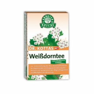 Verpackung von Dr. Kottas Weißdorntee, mit Pflanzenillustrationen und Anwendungshinweisen zur Herz-Kreislaufunterstützung.