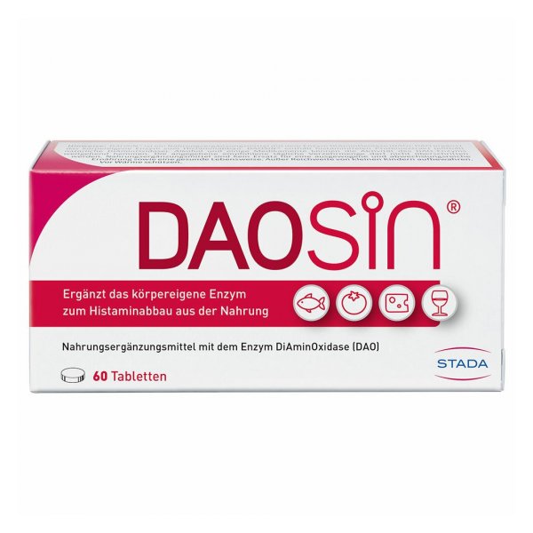 Verpackung von DAOSin, einem Nahrungsergänzungsmittel mit DiAminOxidase zur Unterstützung des Histaminabbaus.