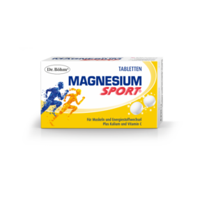 Verpackung von Magnesium Sport Tabletten mit sportlichen Silhouetten und Informationen über zusätzliche Nährstoffe.