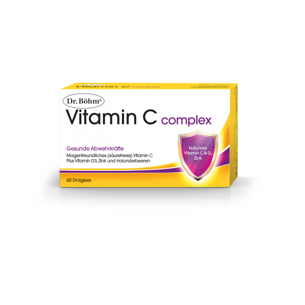 Verpackung von Dr. Böhm Vitamin C complex mit Hinweis auf gesunde Abwehrkräfte und Inhaltsstoffen.